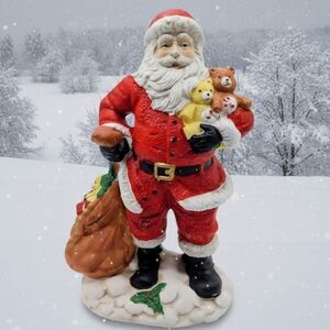 Festive Old World Santa Claus Figurine with Teddy Bear Toy Bag Chalkware